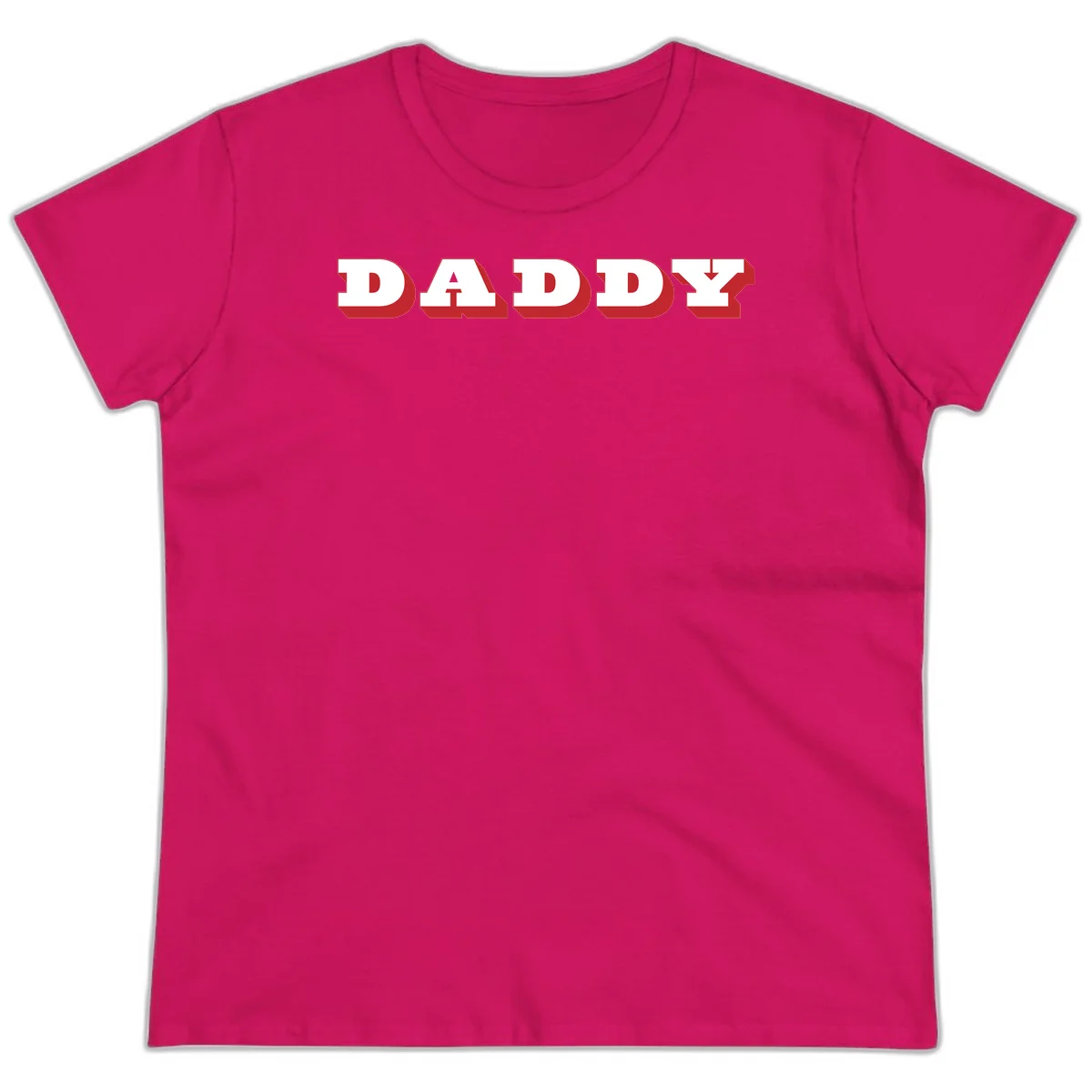 Bold red and white DADDY text with 3D shadow effect and downward arrow on gray background in Heliconia