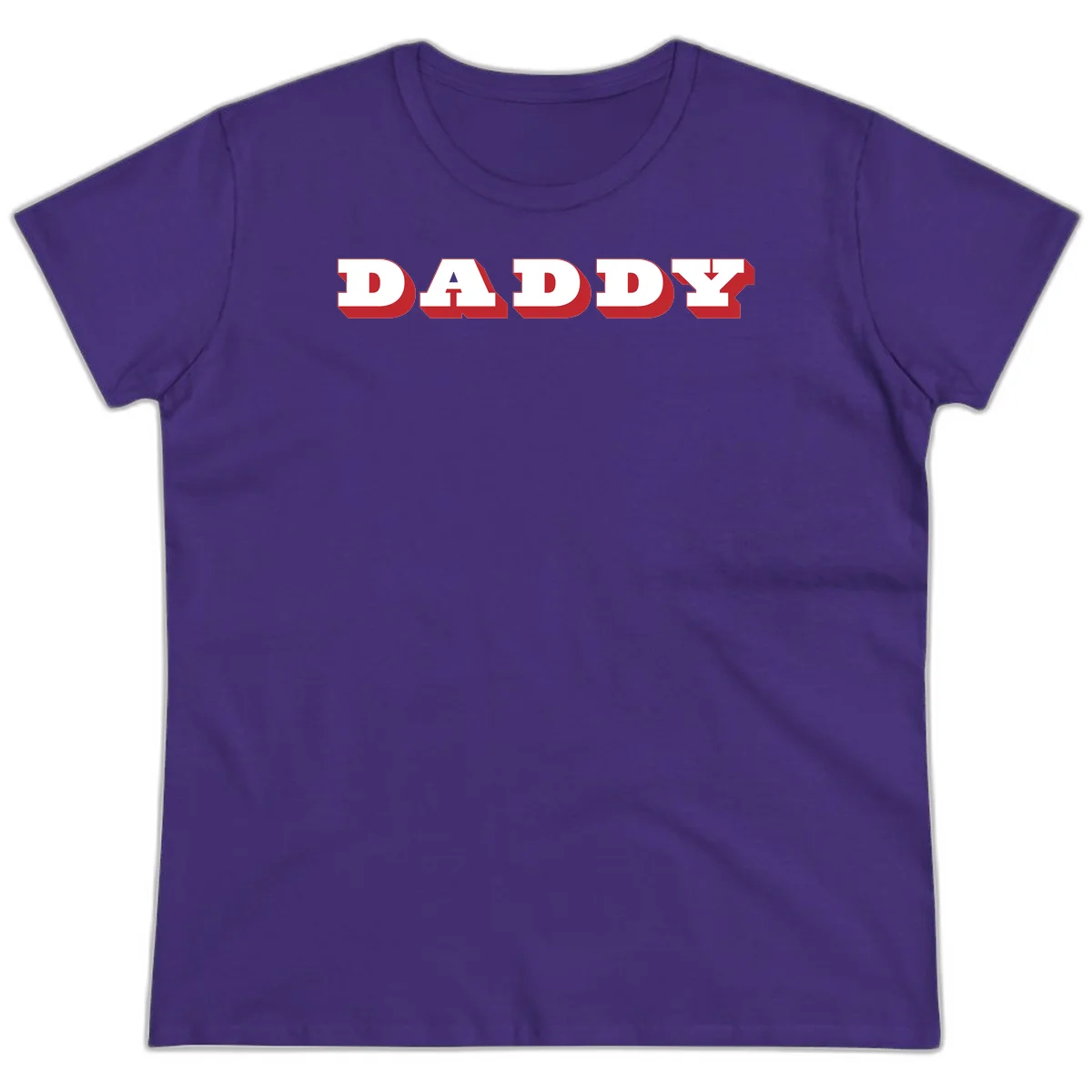 Bold red and white DADDY text with 3D shadow effect and downward arrow on gray background in Purple