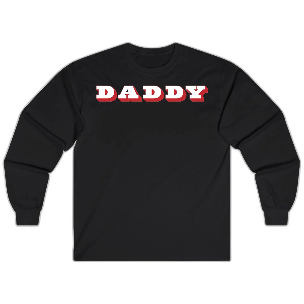 Bold red and white DADDY text with 3D shadow effect and downward arrow on gray background in Black