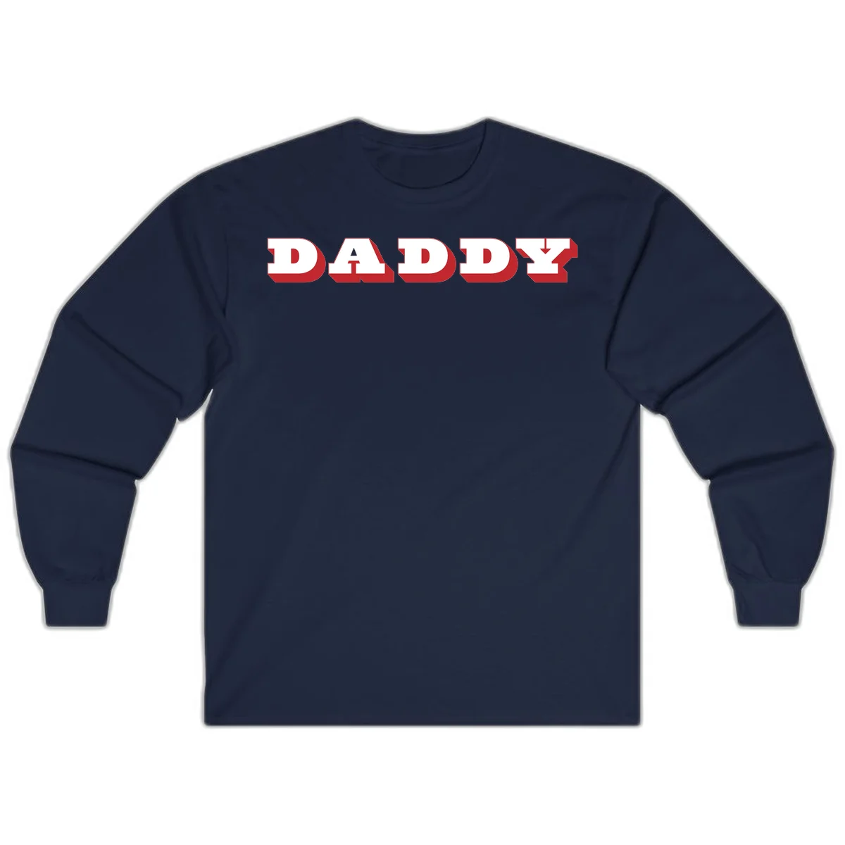 Bold red and white DADDY text with 3D shadow effect and downward arrow on gray background in Navy