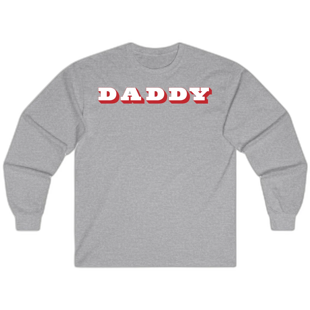 Bold red and white DADDY text with 3D shadow effect and downward arrow on gray background in Sport Grey