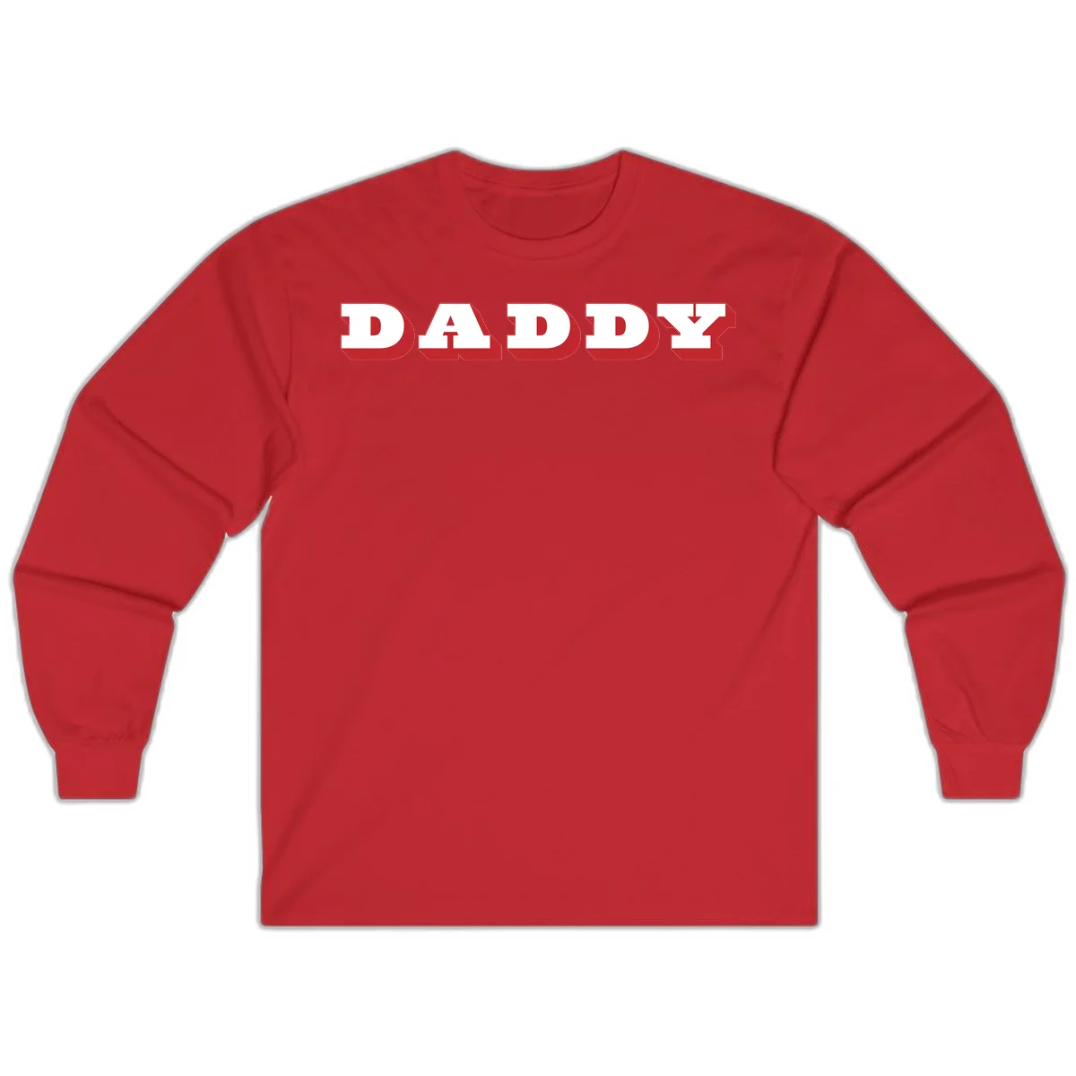 Bold red and white DADDY text with 3D shadow effect and downward arrow on gray background in Red