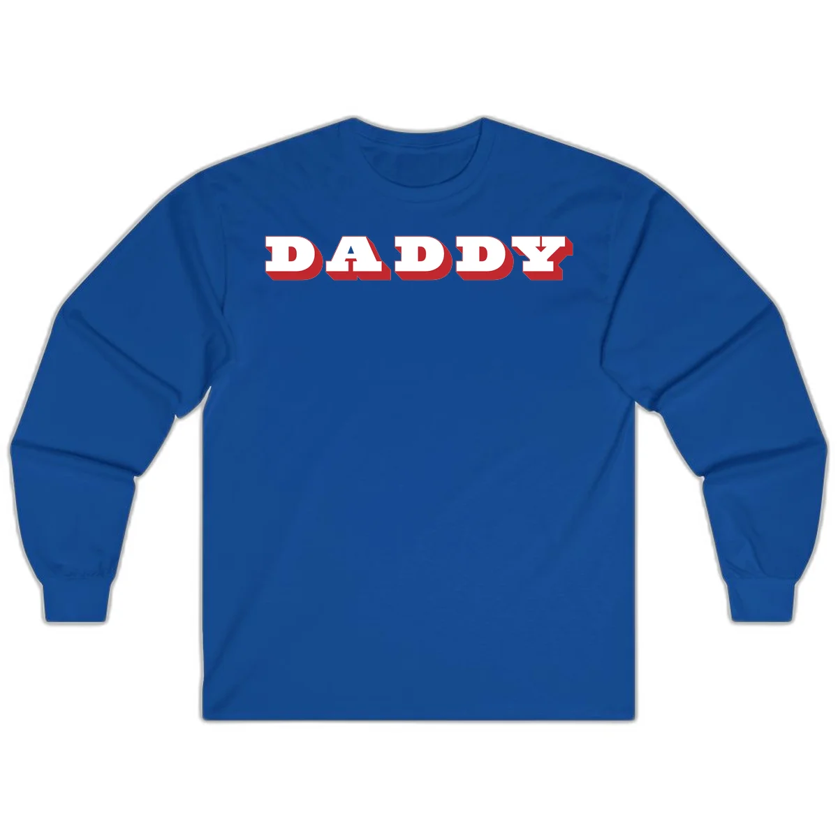 Bold red and white DADDY text with 3D shadow effect and downward arrow on gray background in Royal