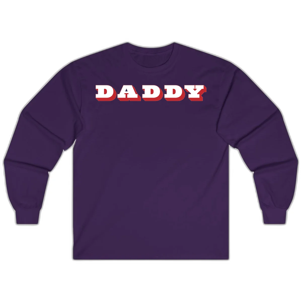 Bold red and white DADDY text with 3D shadow effect and downward arrow on gray background in Purple