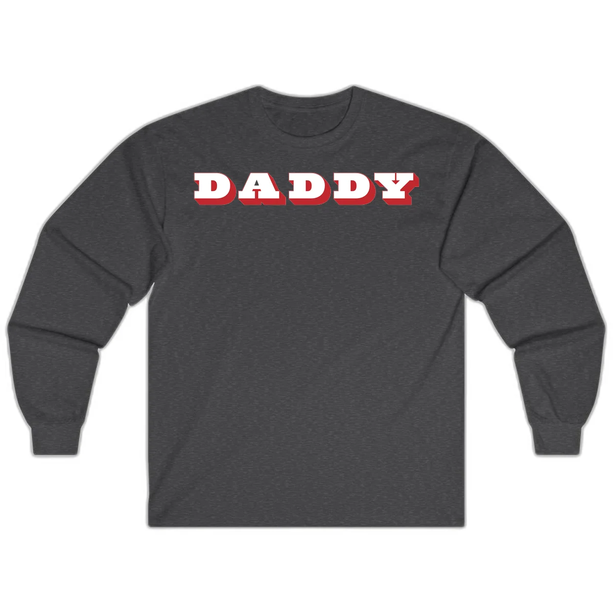 Bold red and white DADDY text with 3D shadow effect and downward arrow on gray background in Dark Heather