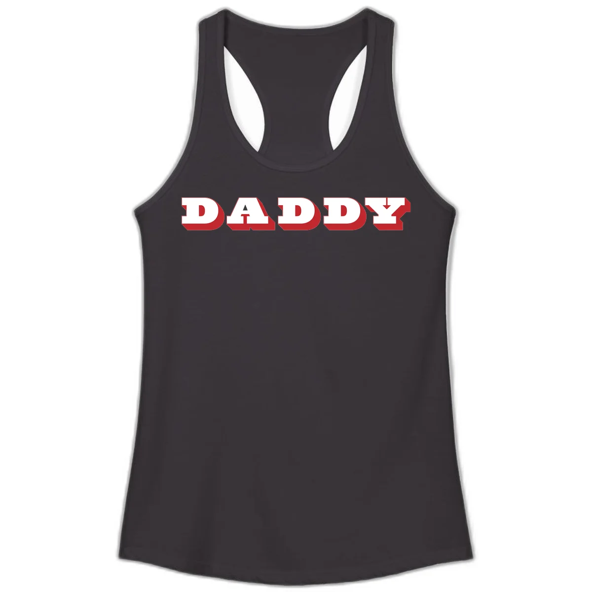 Bold red and white DADDY text with 3D shadow effect and downward arrow on gray background in Black