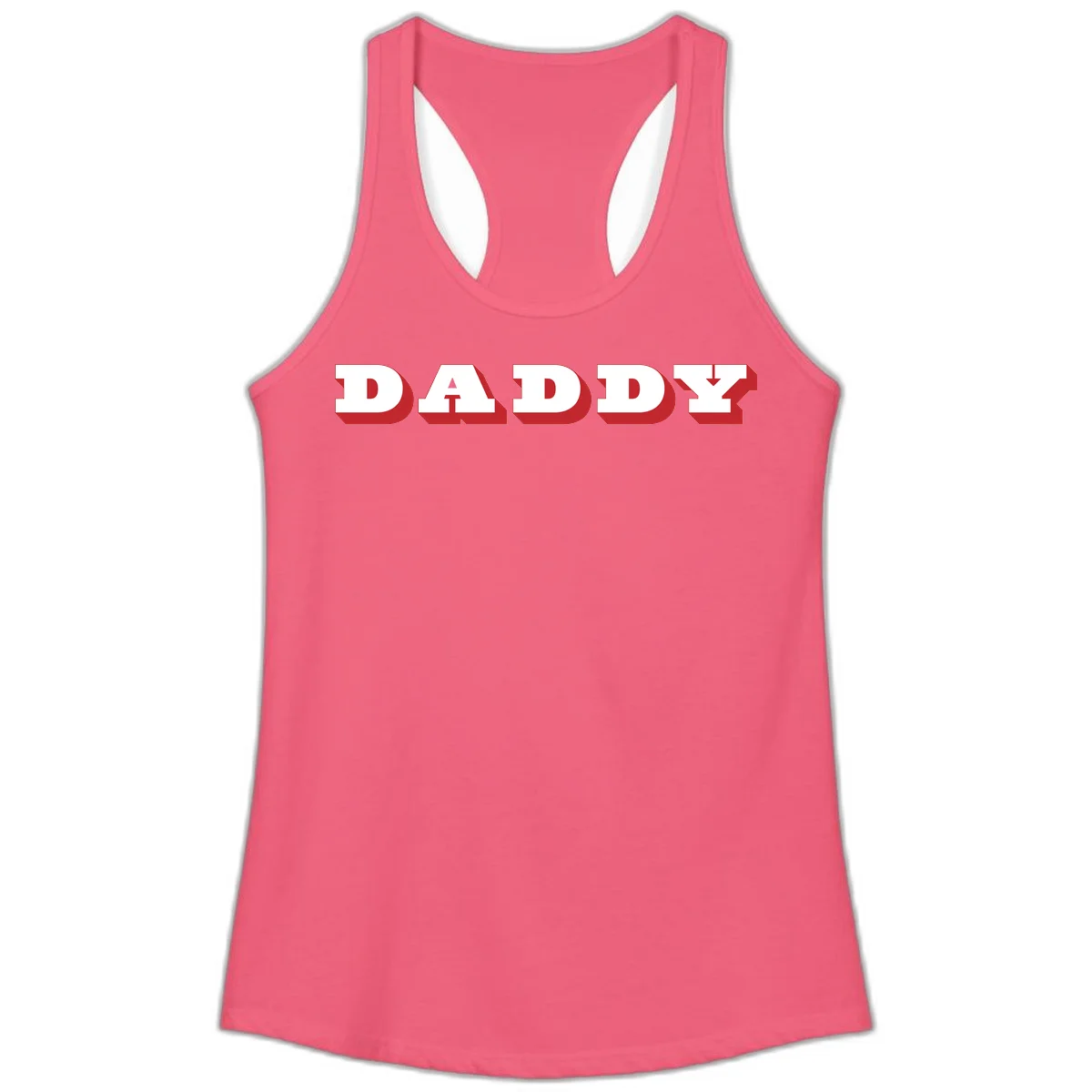 Bold red and white DADDY text with 3D shadow effect and downward arrow on gray background in Hot Pink