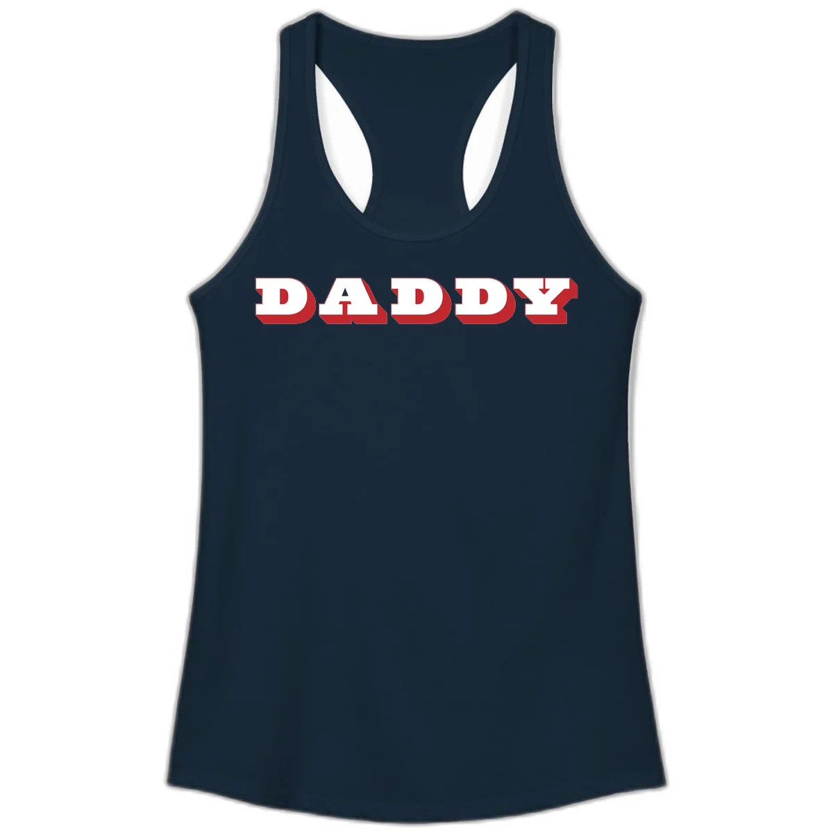Bold red and white DADDY text with 3D shadow effect and downward arrow on gray background in Solid Midnight Navy