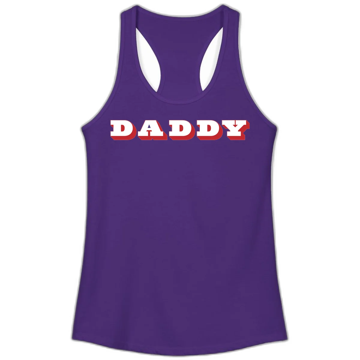 Bold red and white DADDY text with 3D shadow effect and downward arrow on gray background in Solid Purple Rush