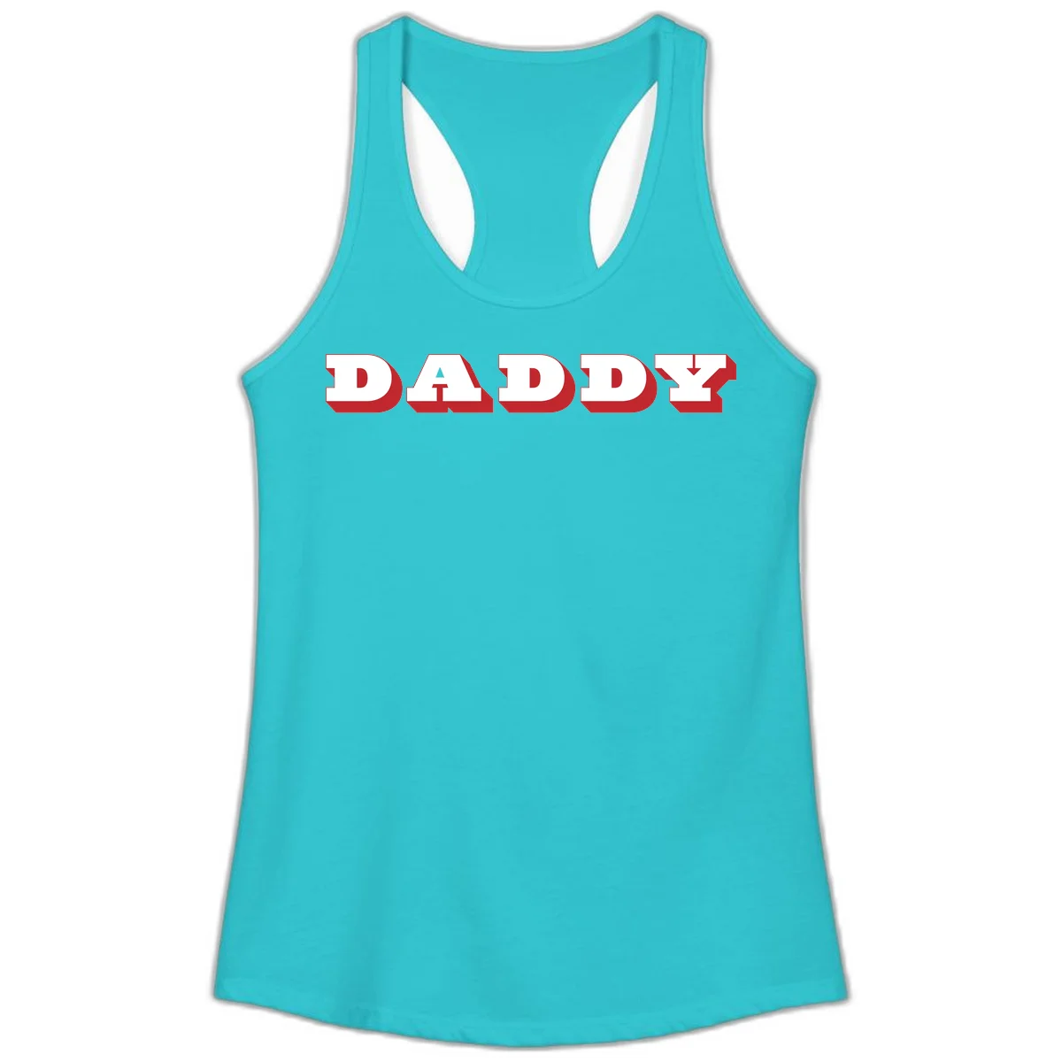 Bold red and white DADDY text with 3D shadow effect and downward arrow on gray background in Solid Tahiti Blue