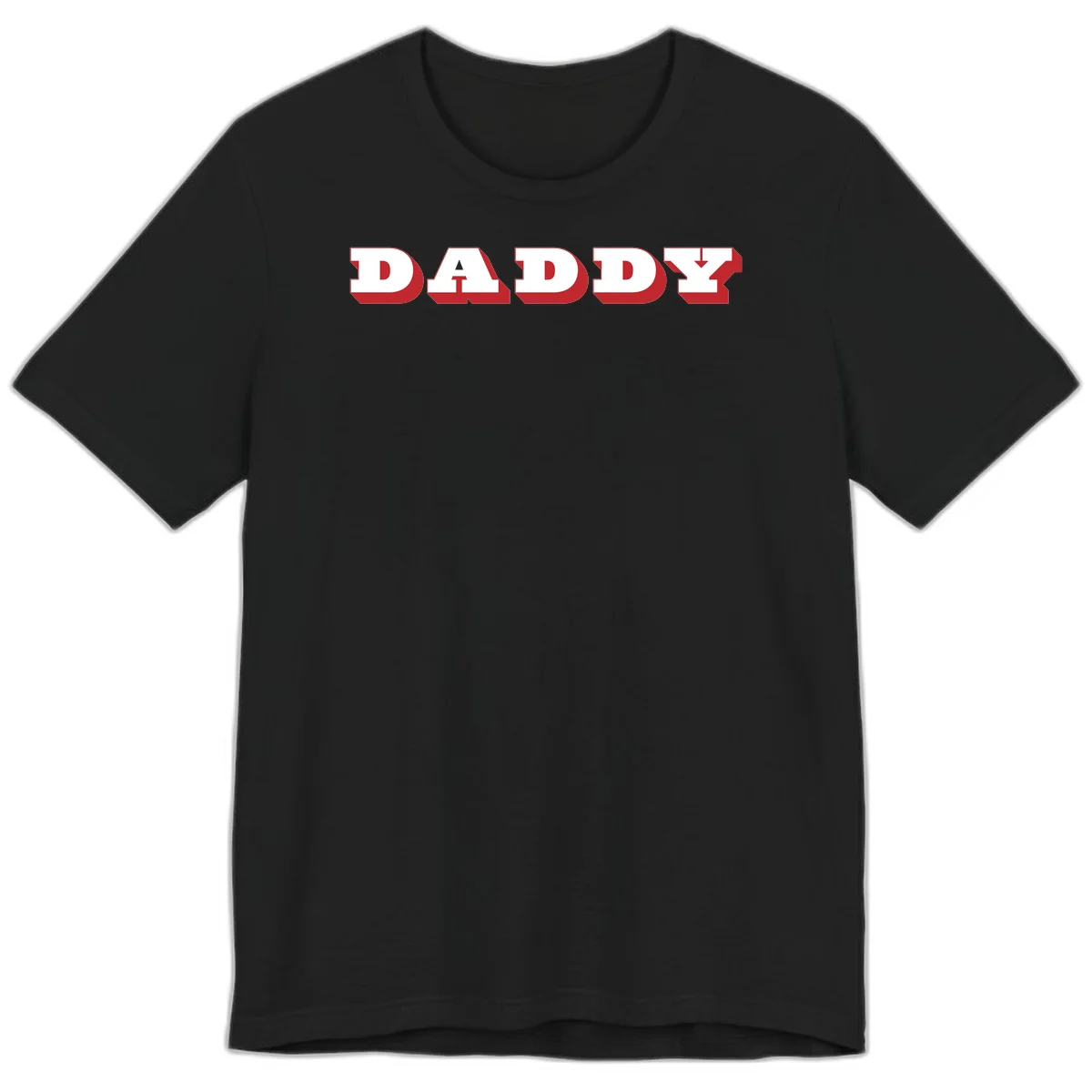 Bold red and white DADDY text with 3D shadow effect and downward arrow on gray background in Black