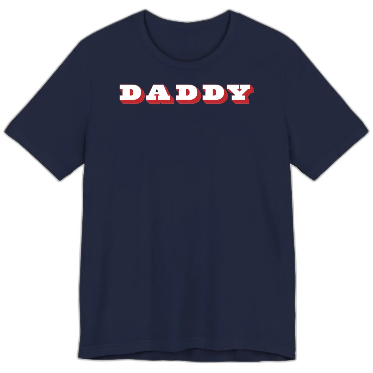 Bold red and white DADDY text with 3D shadow effect and downward arrow on gray background in Navy