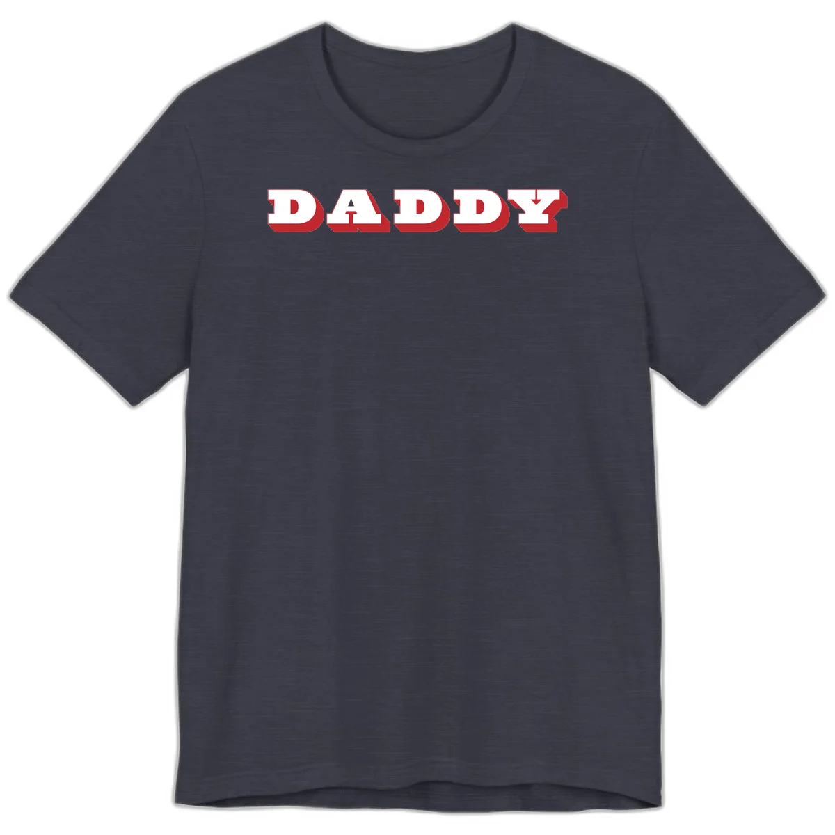 Bold red and white DADDY text with 3D shadow effect and downward arrow on gray background in Heather Midnight Navy