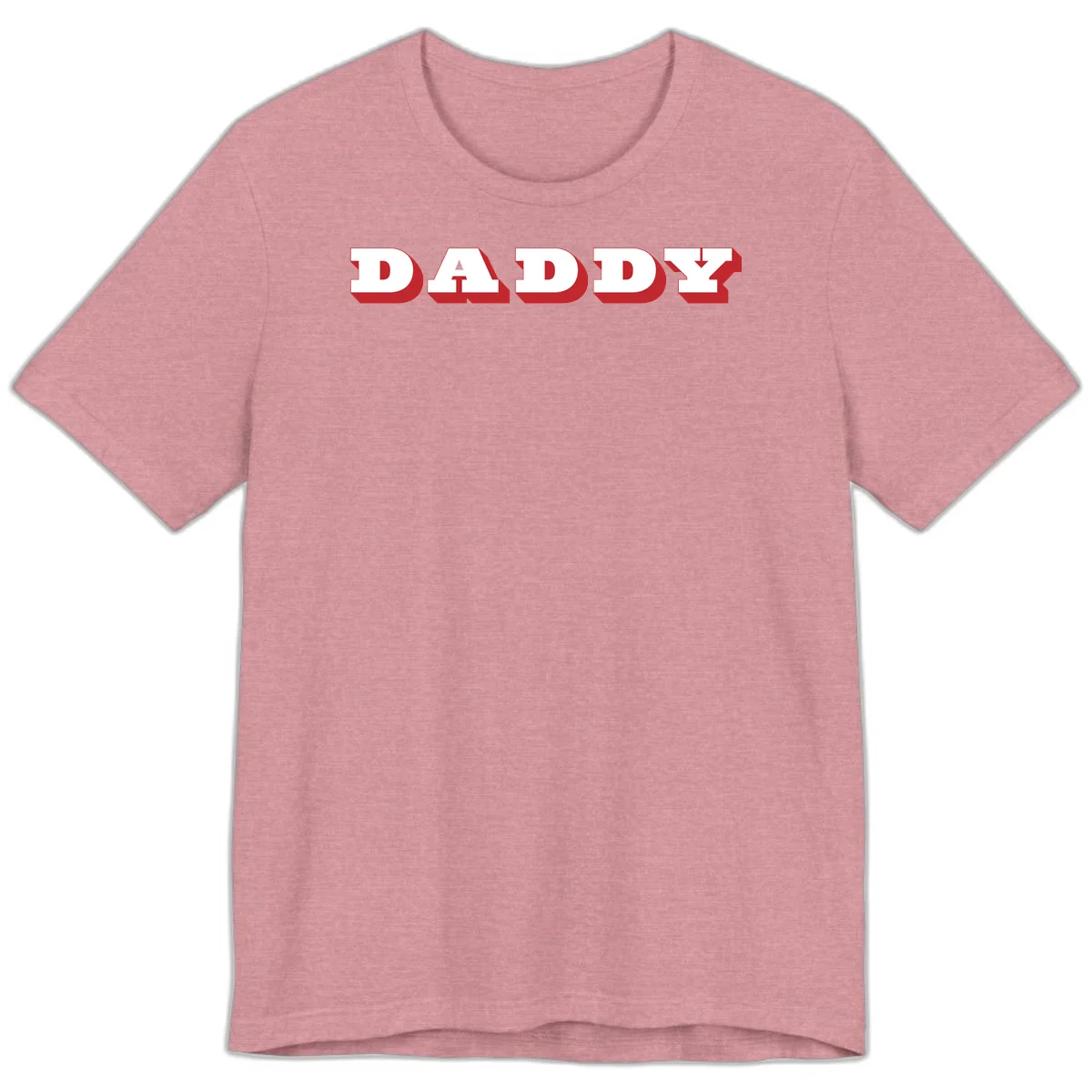 Bold red and white DADDY text with 3D shadow effect and downward arrow on gray background in Heather Orchid