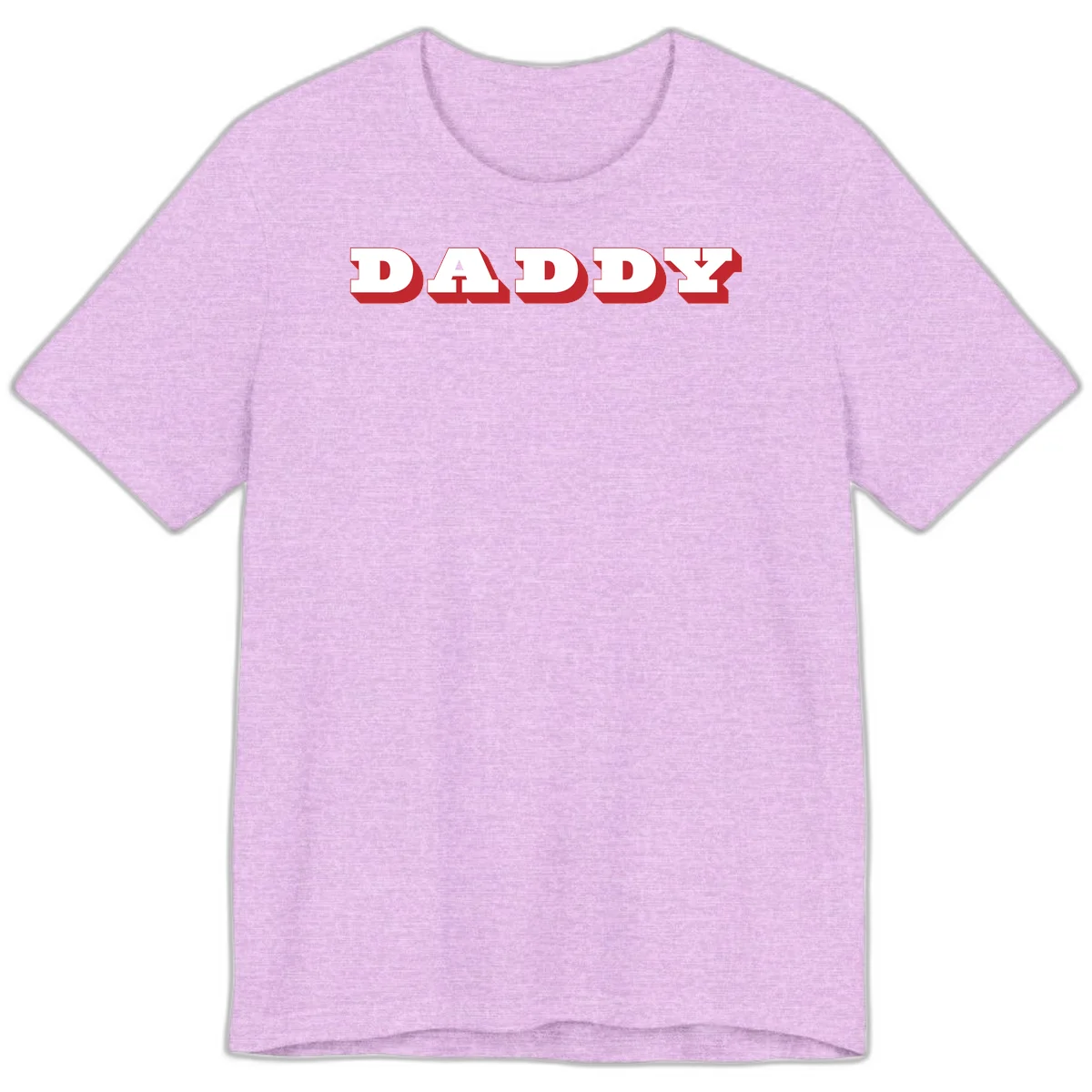 Bold red and white DADDY text with 3D shadow effect and downward arrow on gray background in Heather Prism Lilac