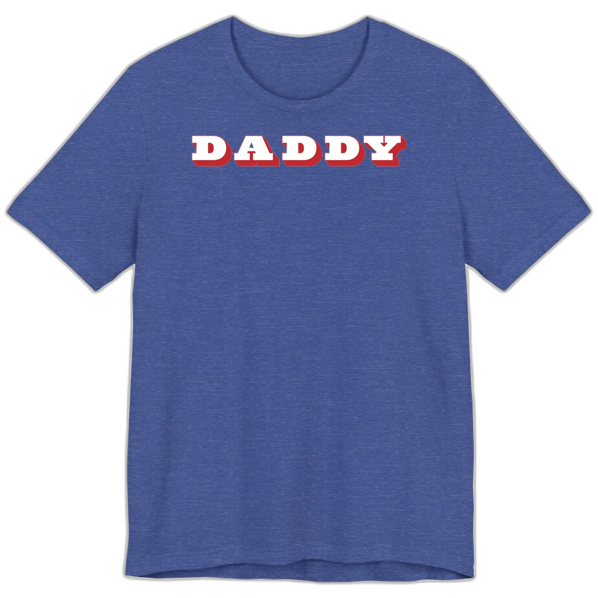 Bold red and white DADDY text with 3D shadow effect and downward arrow on gray background in Heather True Royal