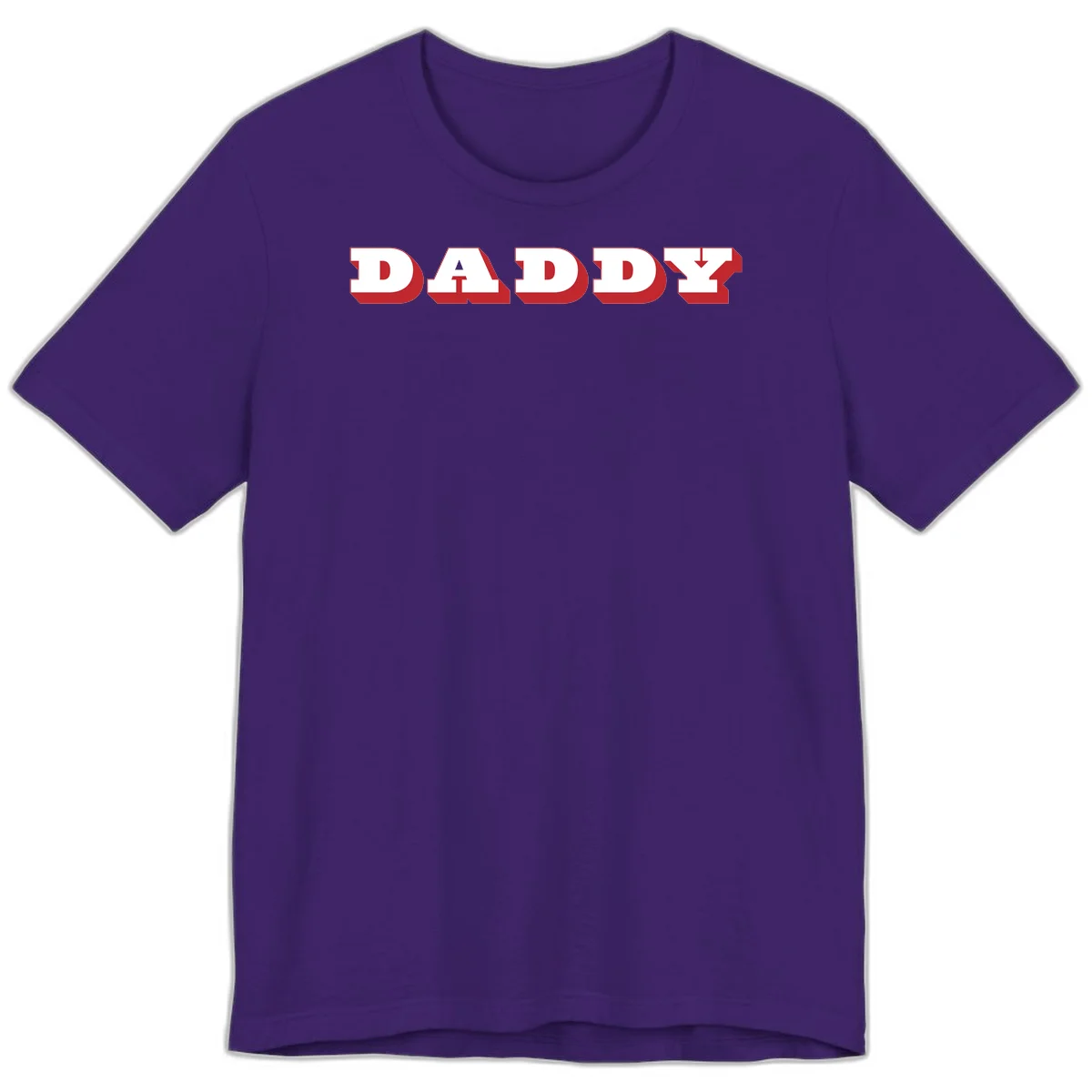 Bold red and white DADDY text with 3D shadow effect and downward arrow on gray background in Team Purple