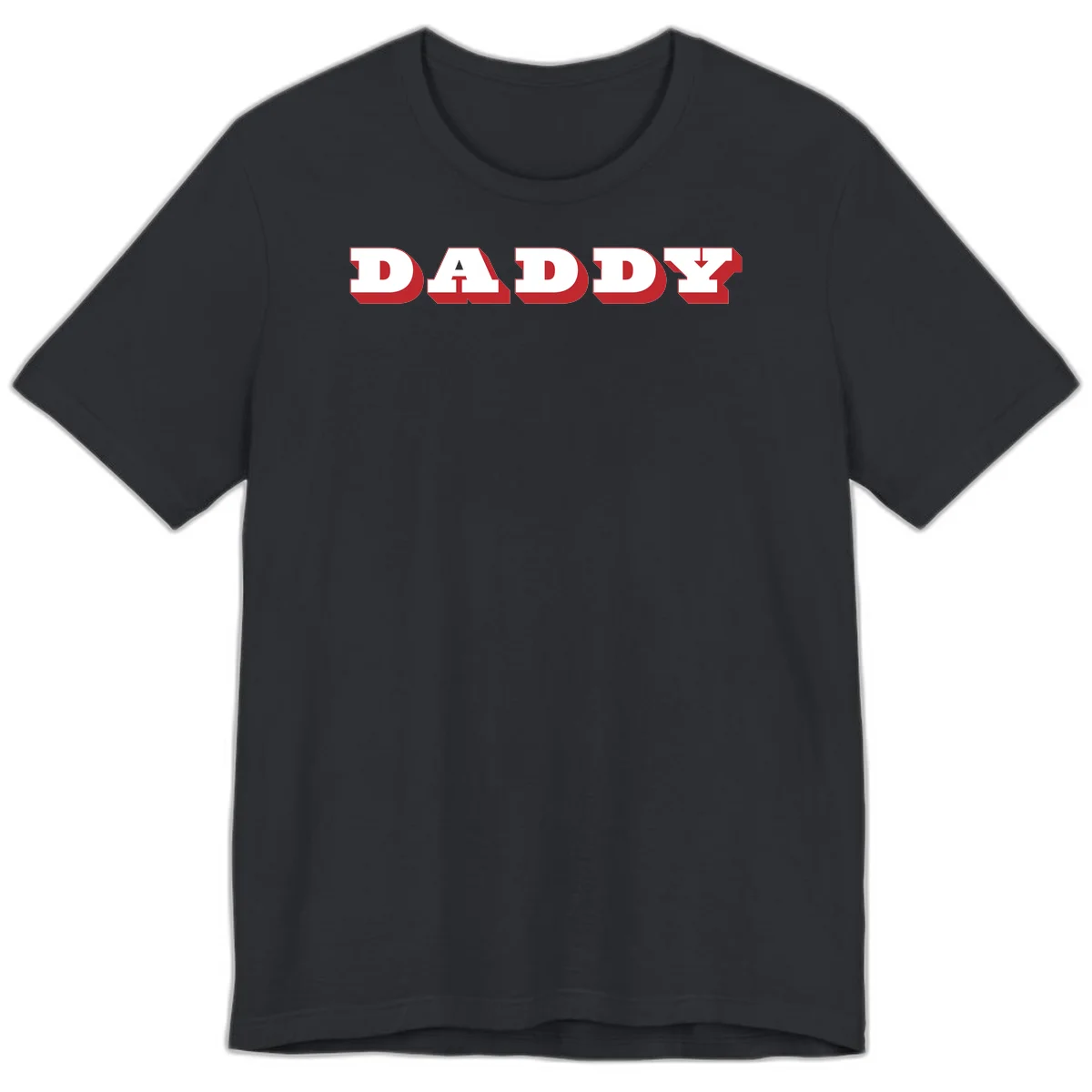 Bold red and white DADDY text with 3D shadow effect and downward arrow on gray background in Vintage Black