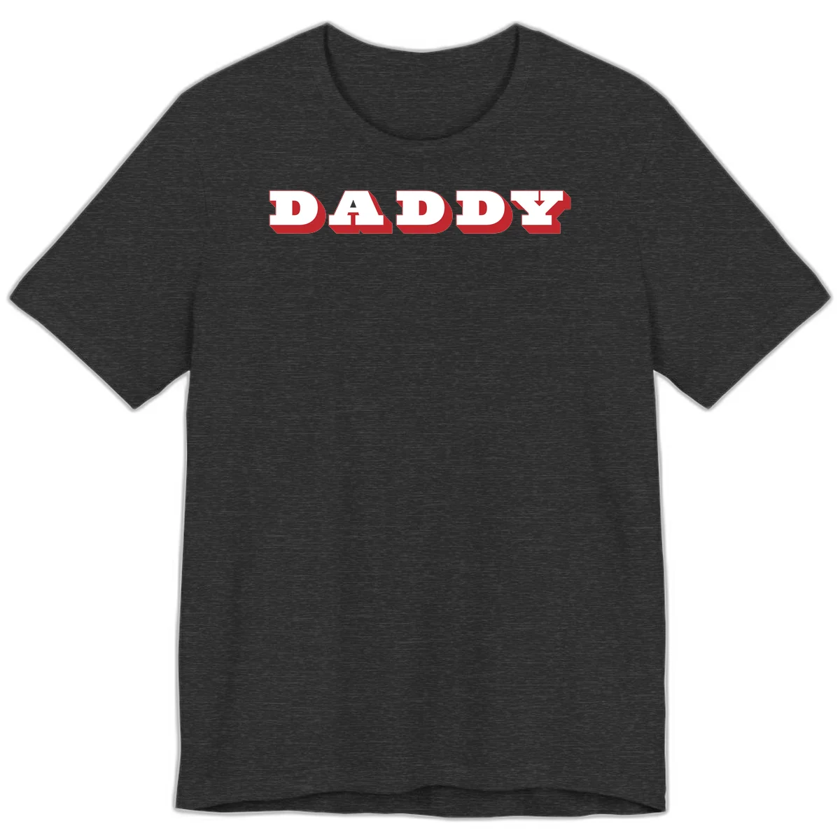 Bold red and white DADDY text with 3D shadow effect and downward arrow on gray background in Dark Grey Heather