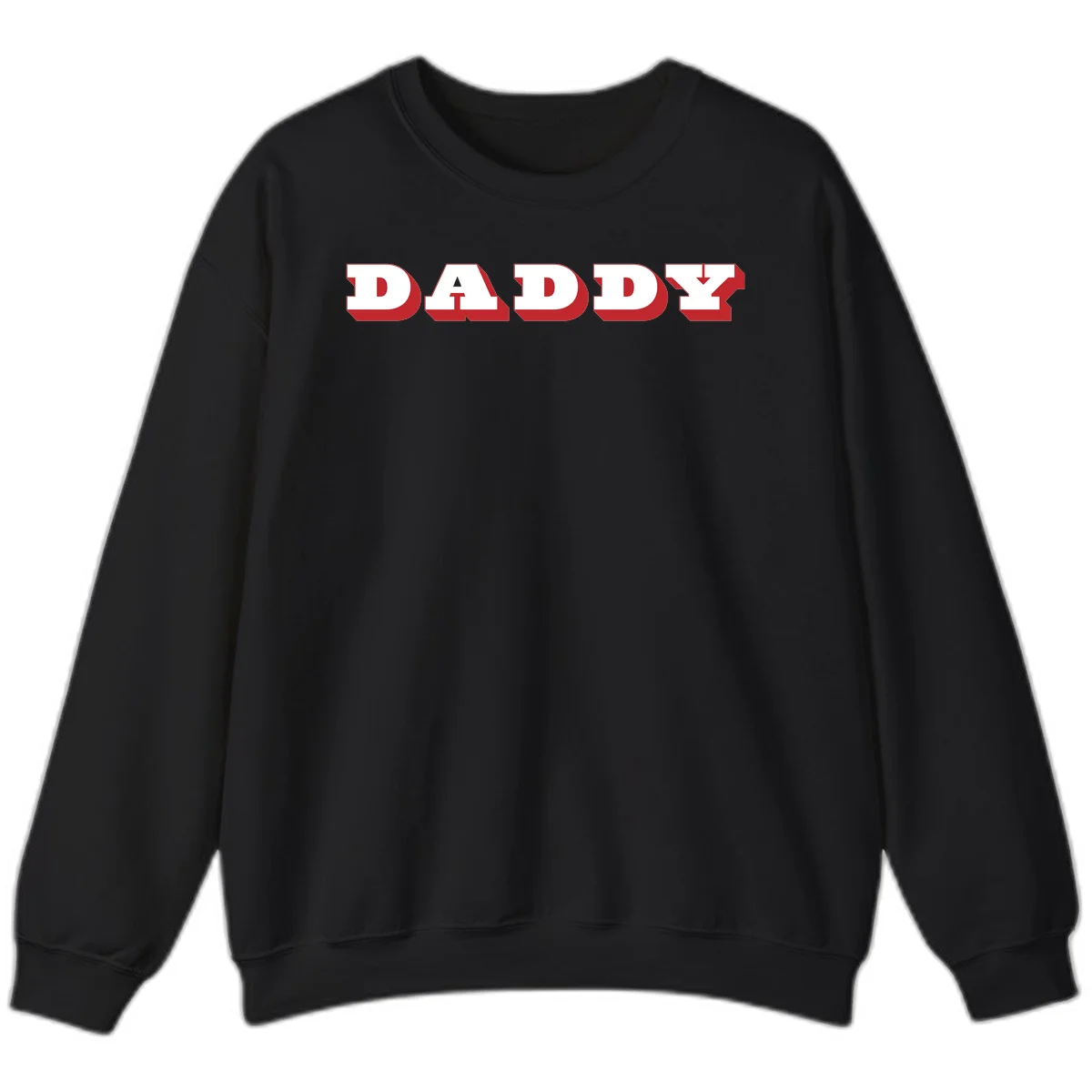Bold red and white DADDY text with 3D shadow effect and downward arrow on gray background in Black