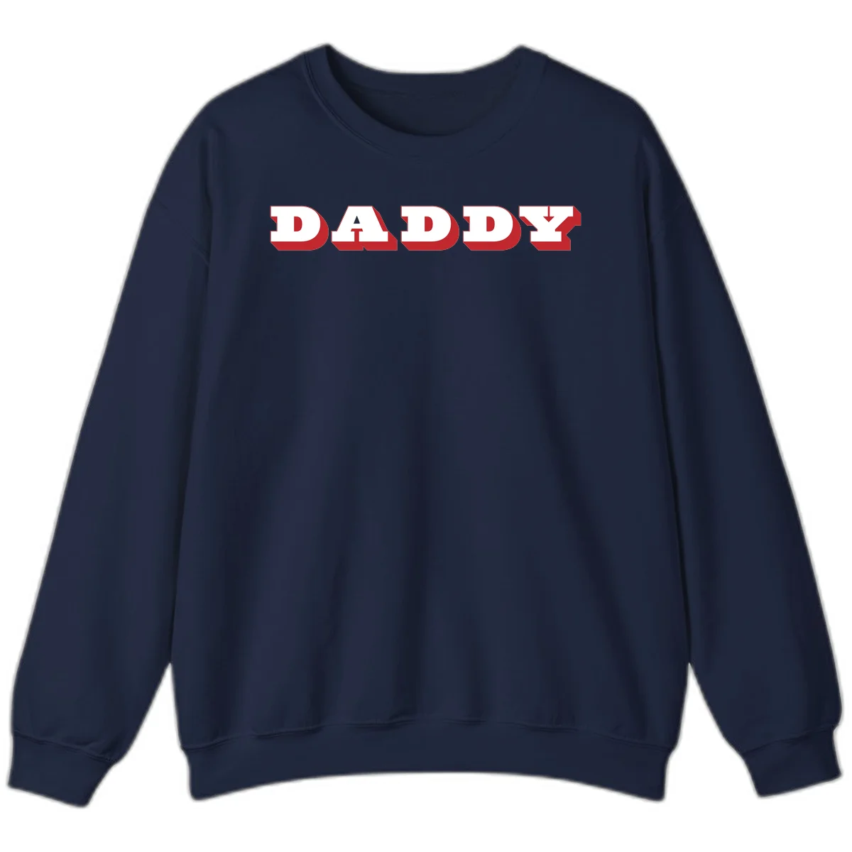 Bold red and white DADDY text with 3D shadow effect and downward arrow on gray background in Navy