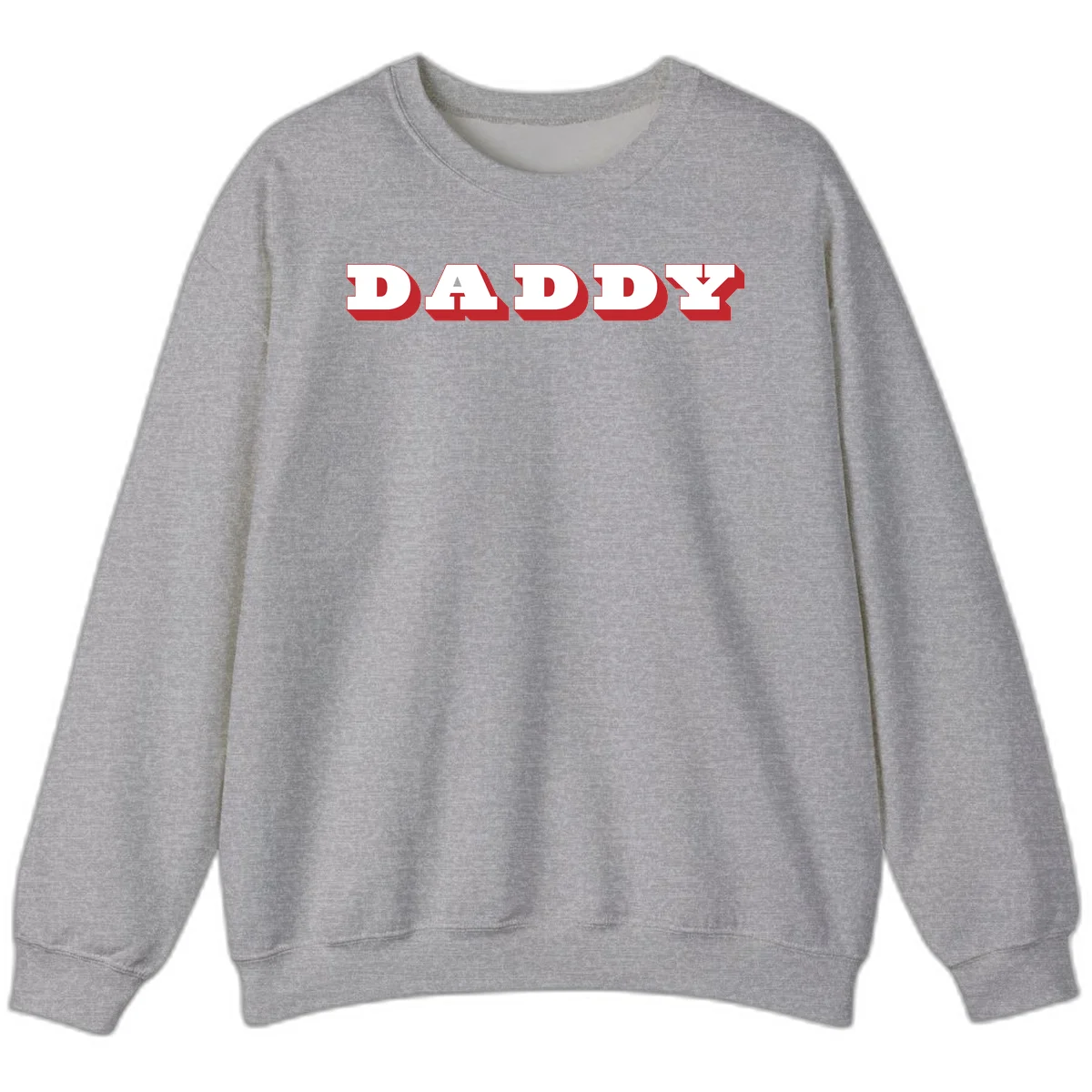 Bold red and white DADDY text with 3D shadow effect and downward arrow on gray background in Sport Grey
