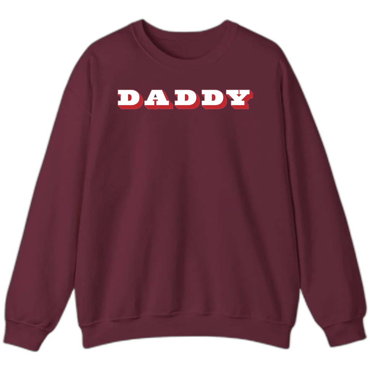 Bold red and white DADDY text with 3D shadow effect and downward arrow on gray background in Maroon