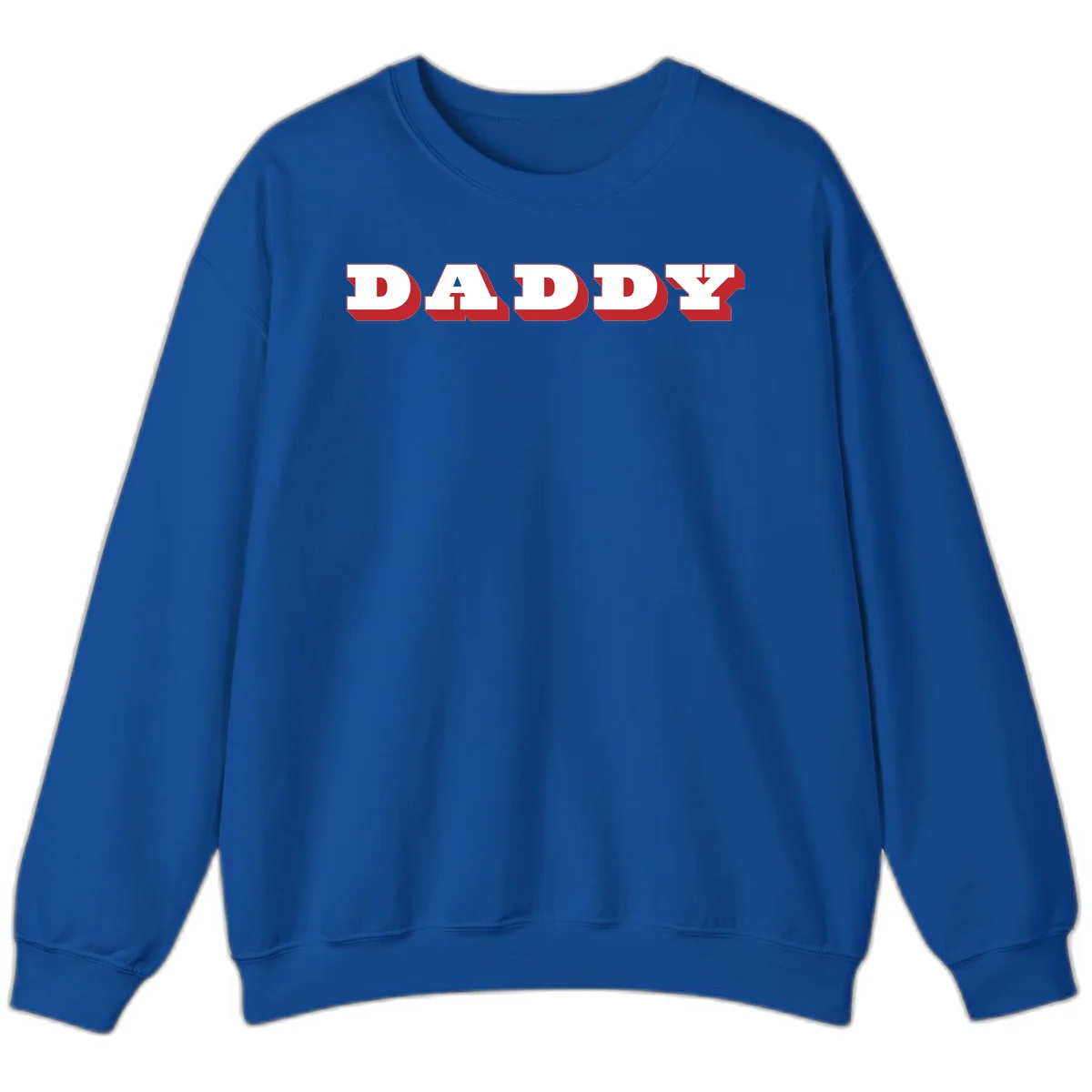 Bold red and white DADDY text with 3D shadow effect and downward arrow on gray background in Royal