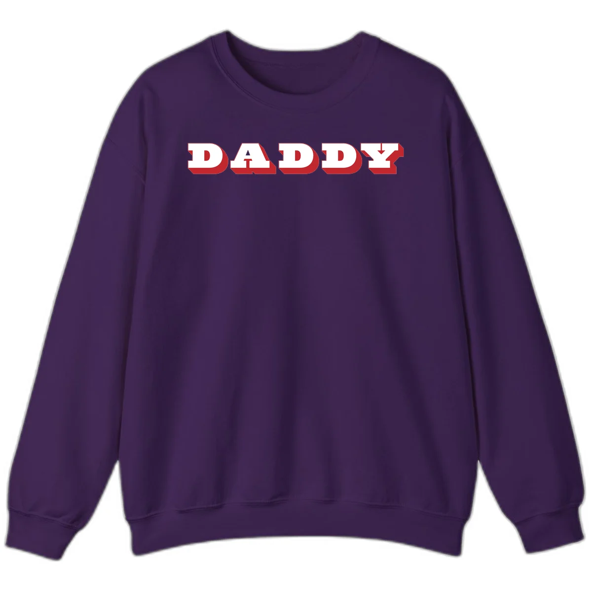 Bold red and white DADDY text with 3D shadow effect and downward arrow on gray background in Purple