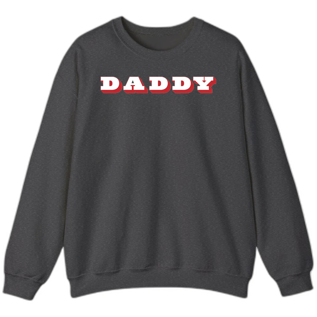 Bold red and white DADDY text with 3D shadow effect and downward arrow on gray background in Dark Heather