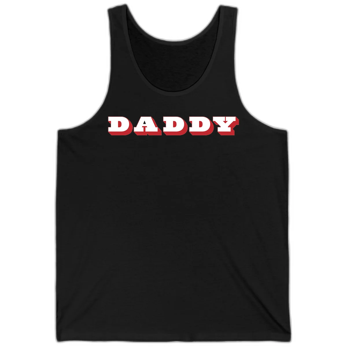 Bold red and white DADDY text with 3D shadow effect and downward arrow on gray background in Black