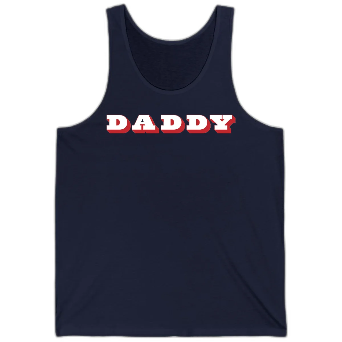 Bold red and white DADDY text with 3D shadow effect and downward arrow on gray background in Navy