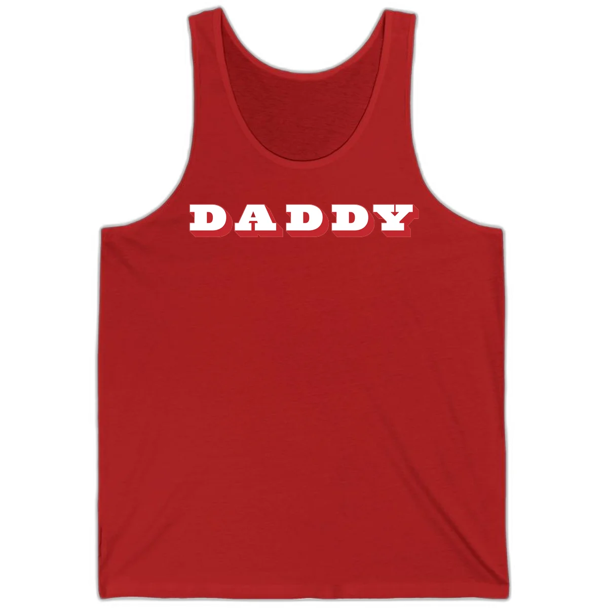 Bold red and white DADDY text with 3D shadow effect and downward arrow on gray background in Red