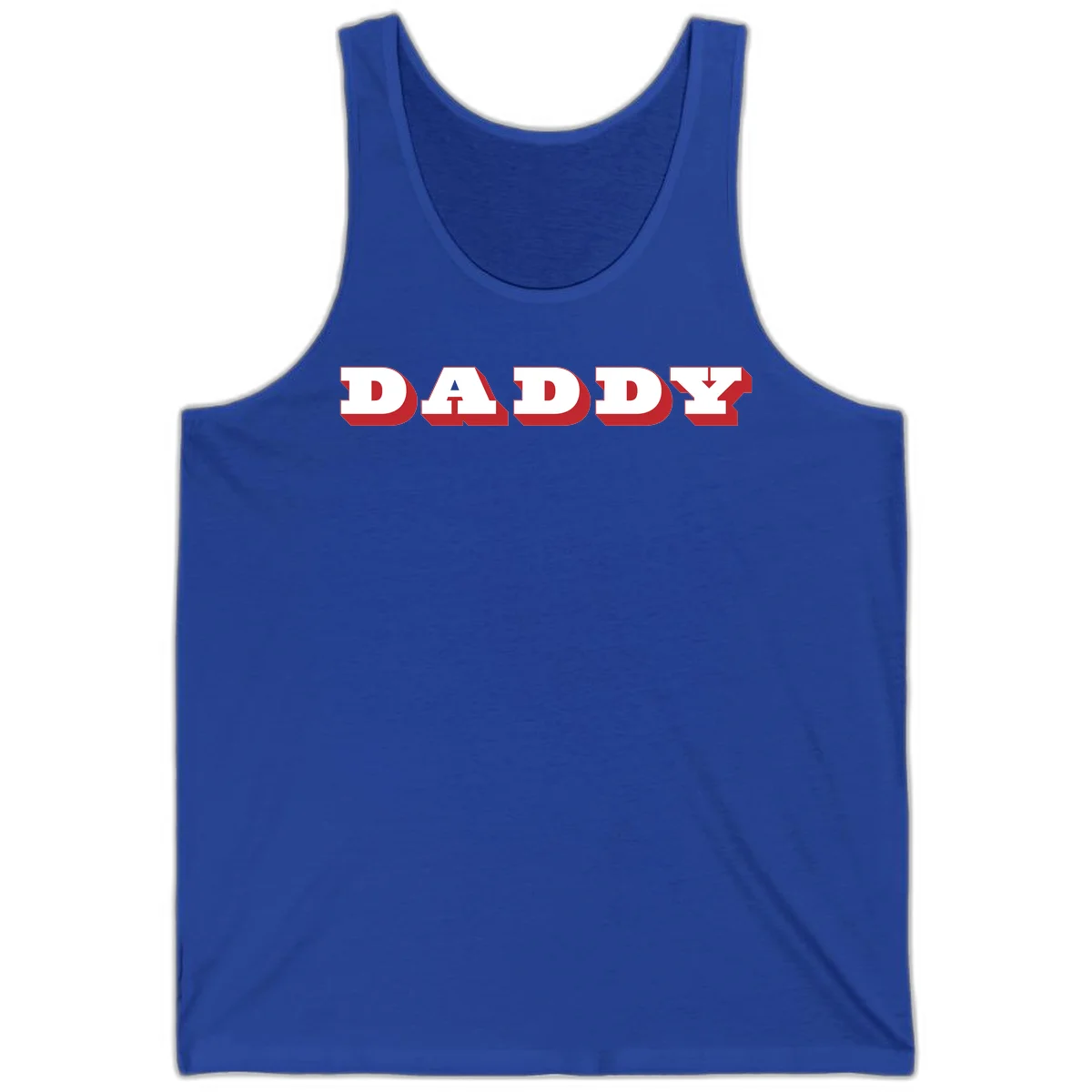 Bold red and white DADDY text with 3D shadow effect and downward arrow on gray background in True Royal