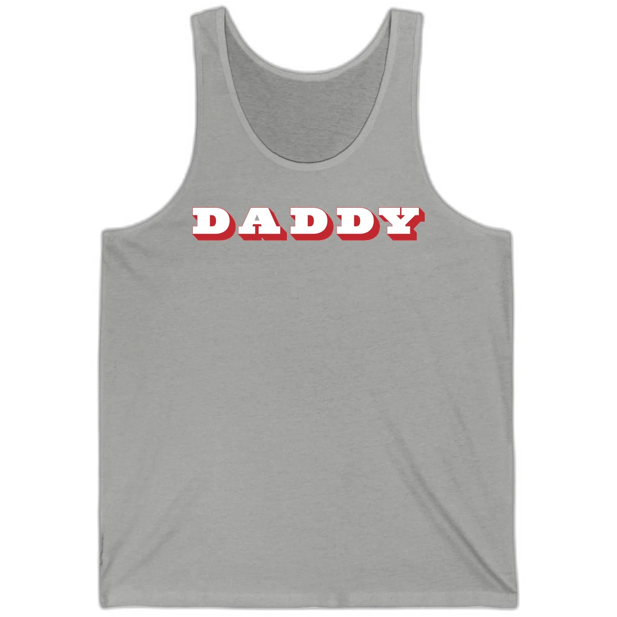 Bold red and white DADDY text with 3D shadow effect and downward arrow on gray background in Athletic Heather