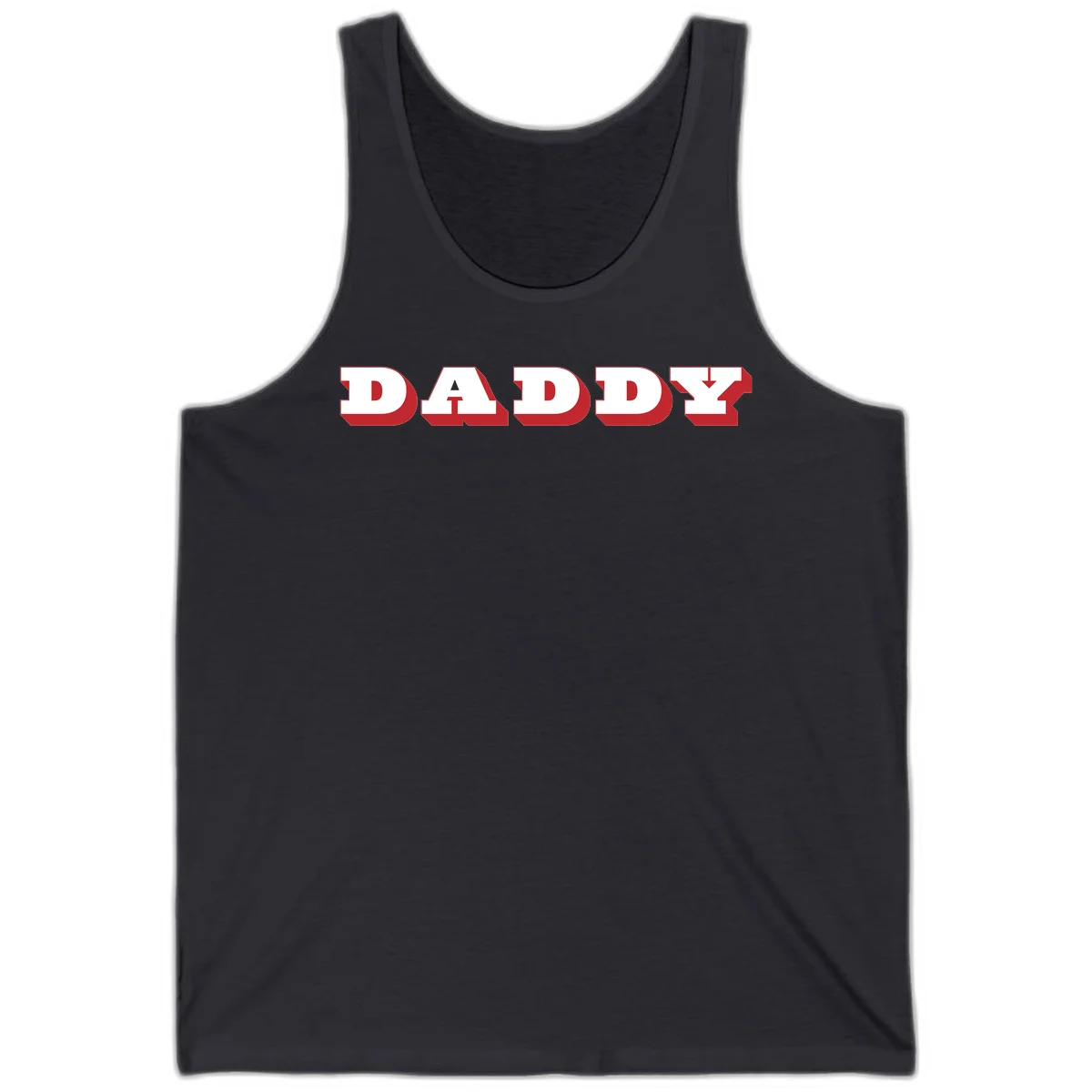 Bold red and white DADDY text with 3D shadow effect and downward arrow on gray background in Dark Grey