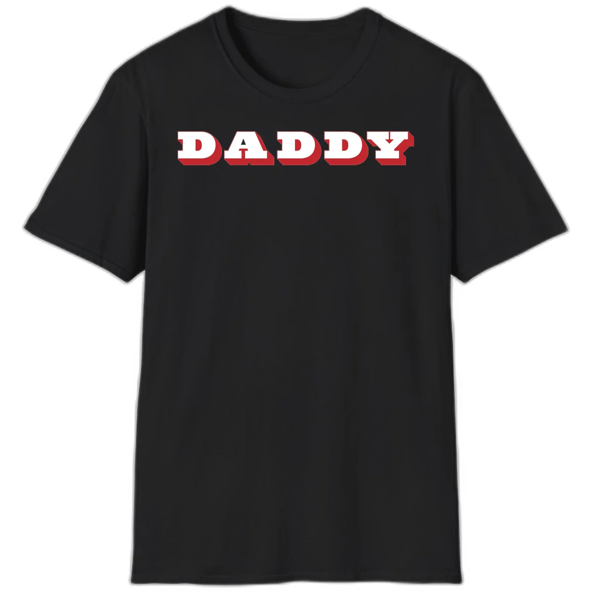 Bold red and white DADDY text with 3D shadow effect and downward arrow on gray background in Black