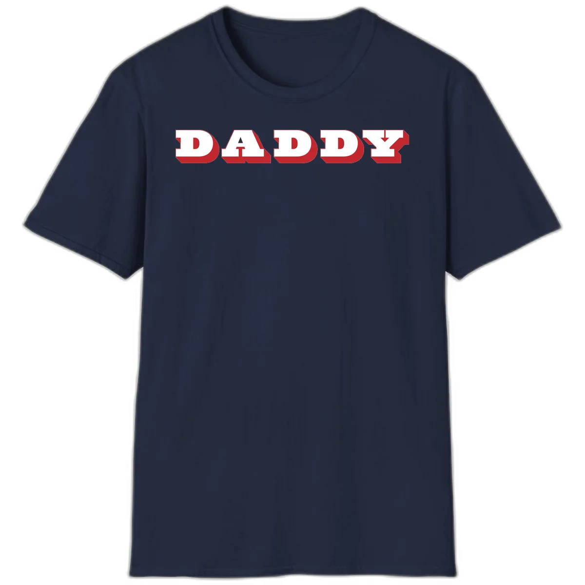 Bold red and white DADDY text with 3D shadow effect and downward arrow on gray background in Navy
