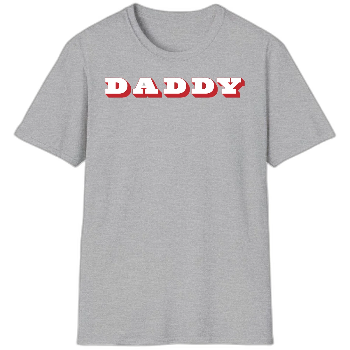 Bold red and white DADDY text with 3D shadow effect and downward arrow on gray background in Sport Grey