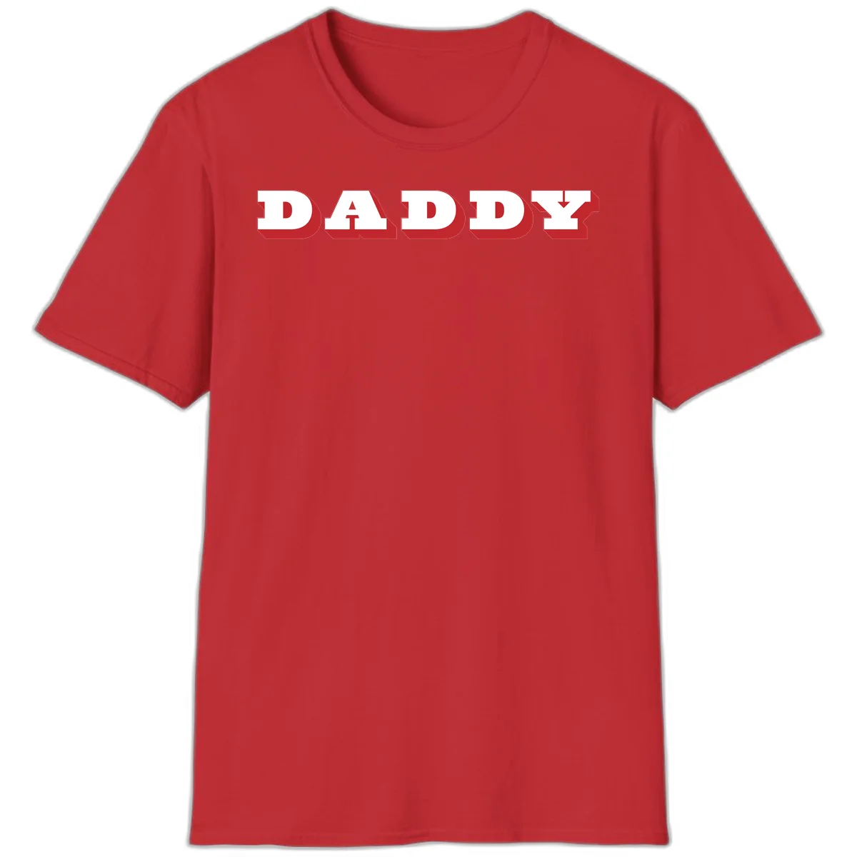 Bold red and white DADDY text with 3D shadow effect and downward arrow on gray background in Red
