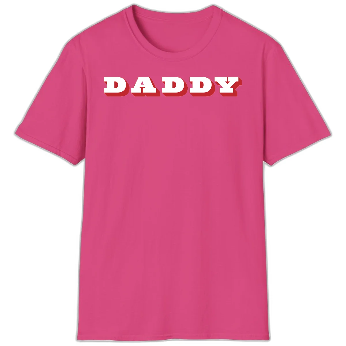 Bold red and white DADDY text with 3D shadow effect and downward arrow on gray background in Heliconia