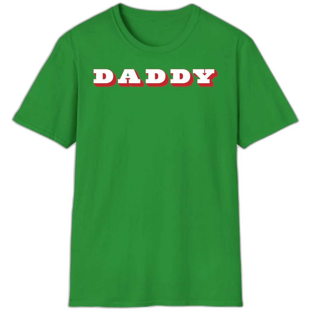 Bold red and white DADDY text with 3D shadow effect and downward arrow on gray background in Irish Green
