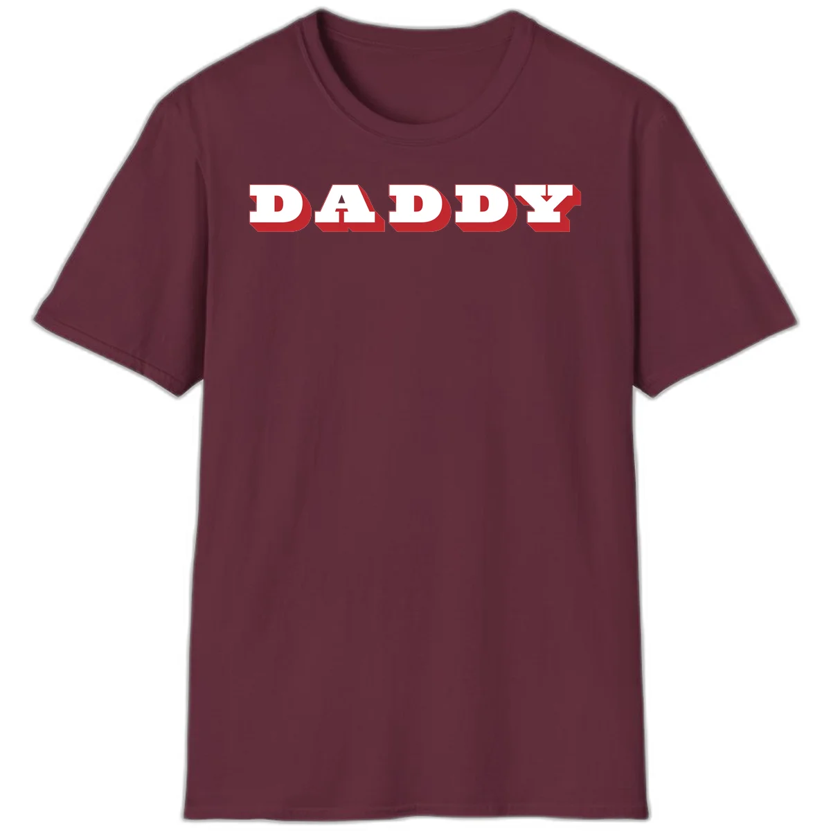 Bold red and white DADDY text with 3D shadow effect and downward arrow on gray background in Maroon