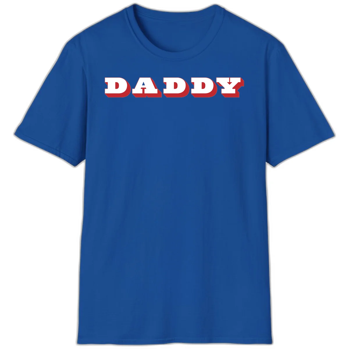 Bold red and white DADDY text with 3D shadow effect and downward arrow on gray background in Royal