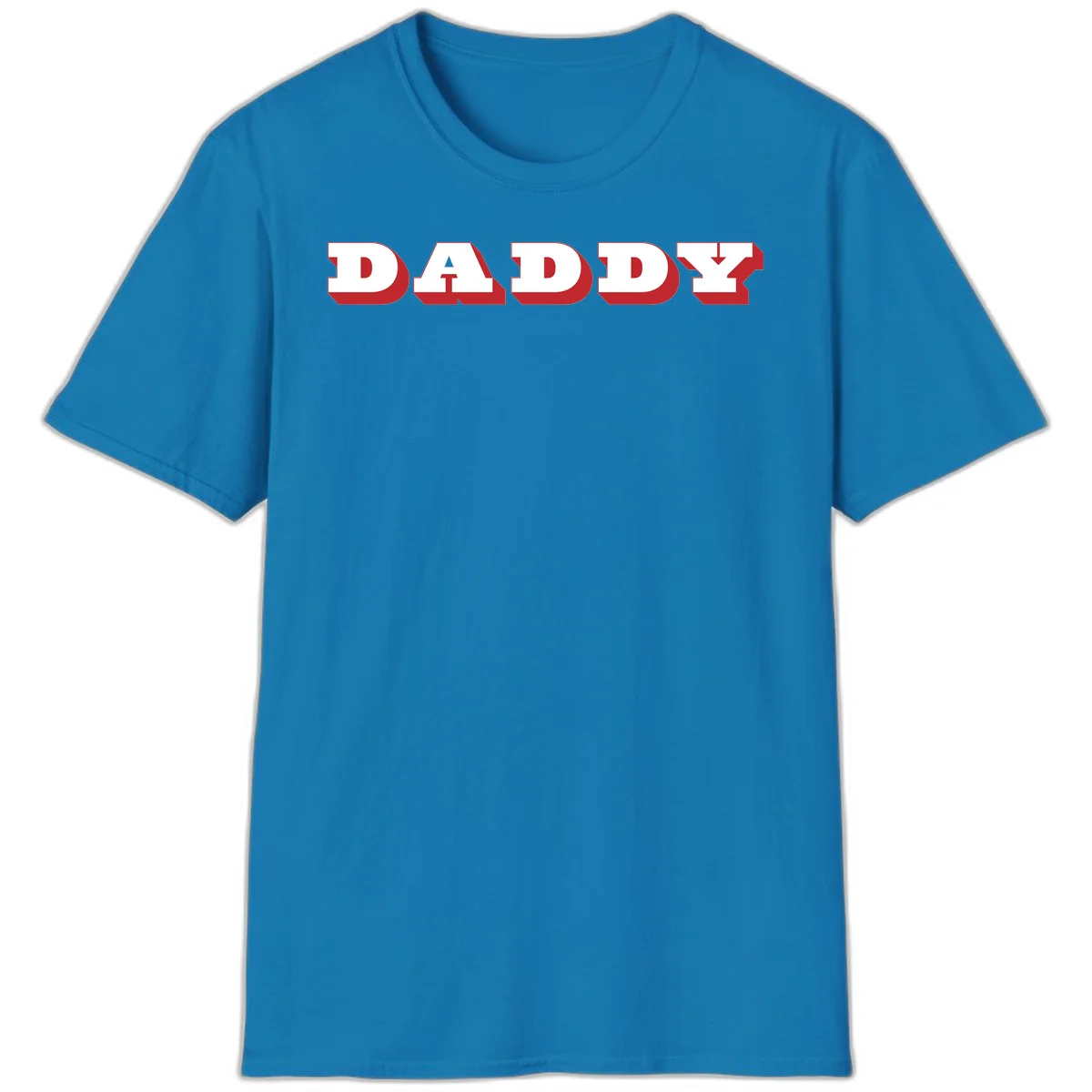 Bold red and white DADDY text with 3D shadow effect and downward arrow on gray background in Sapphire