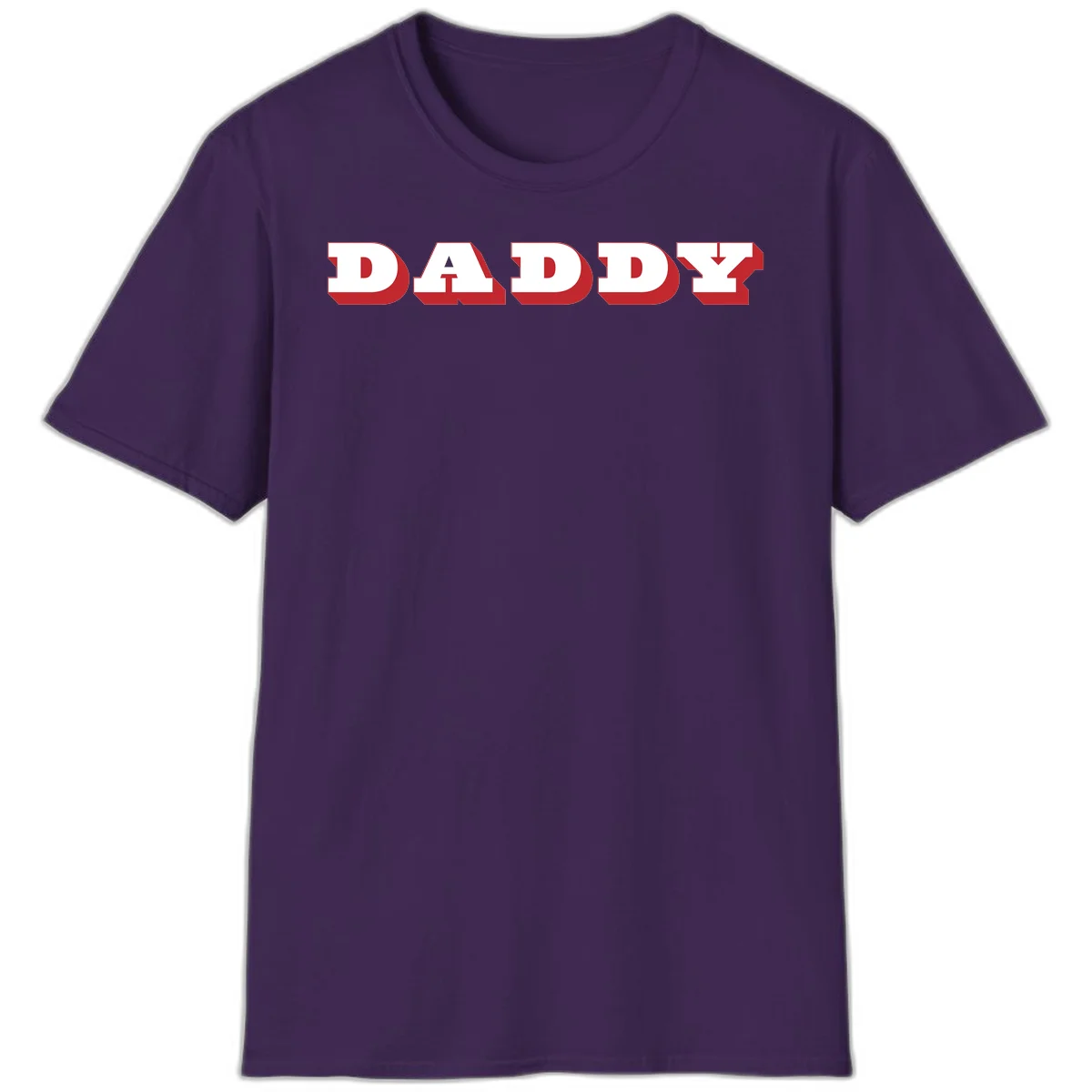 Bold red and white DADDY text with 3D shadow effect and downward arrow on gray background in Purple