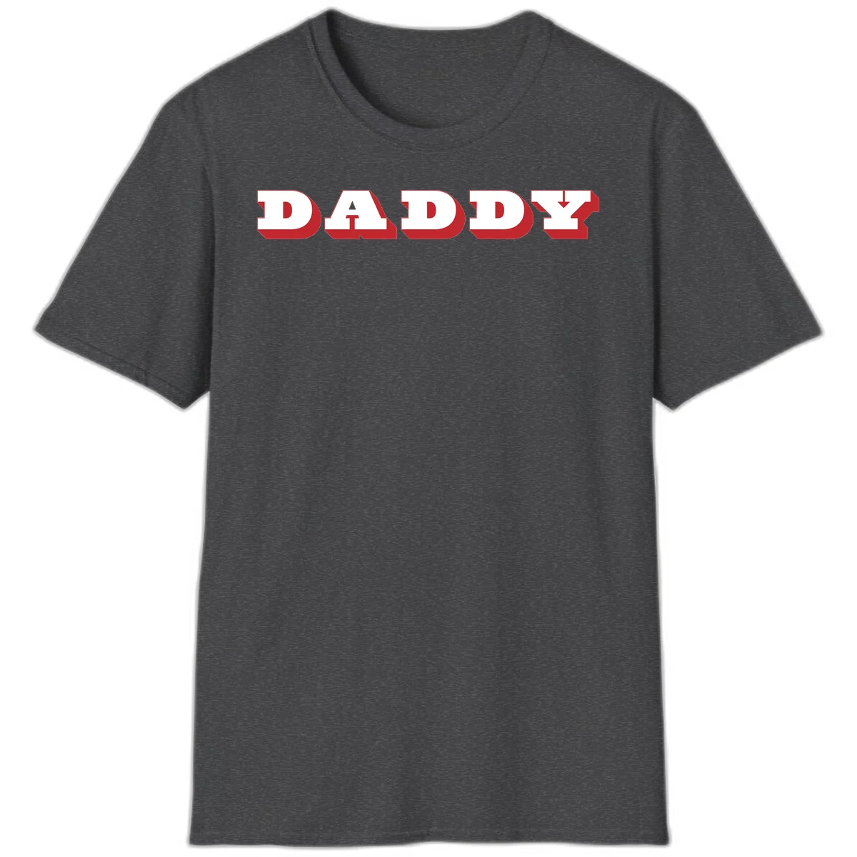 Bold red and white DADDY text with 3D shadow effect and downward arrow on gray background in Dark Heather