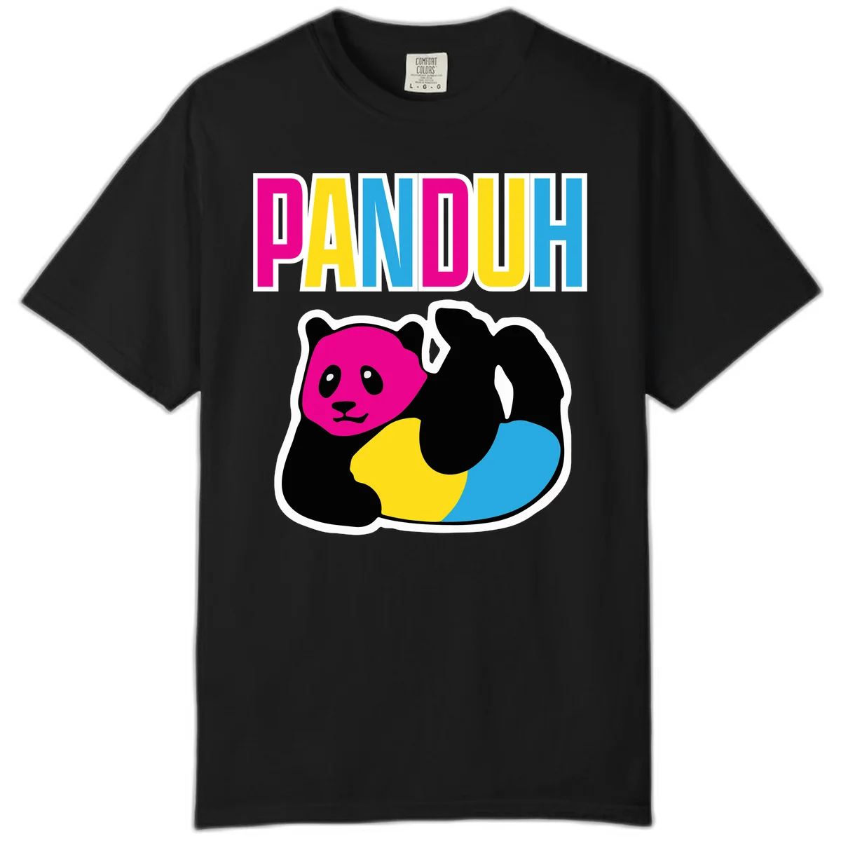 Colorful panda illustration with magenta face and black body, yellow and cyan sections, bold PANDOUH text above in CMYK colors in Black