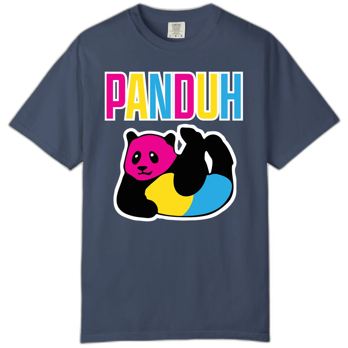 Colorful panda illustration with magenta face and black body, yellow and cyan sections, bold PANDOUH text above in CMYK colors in Midnight