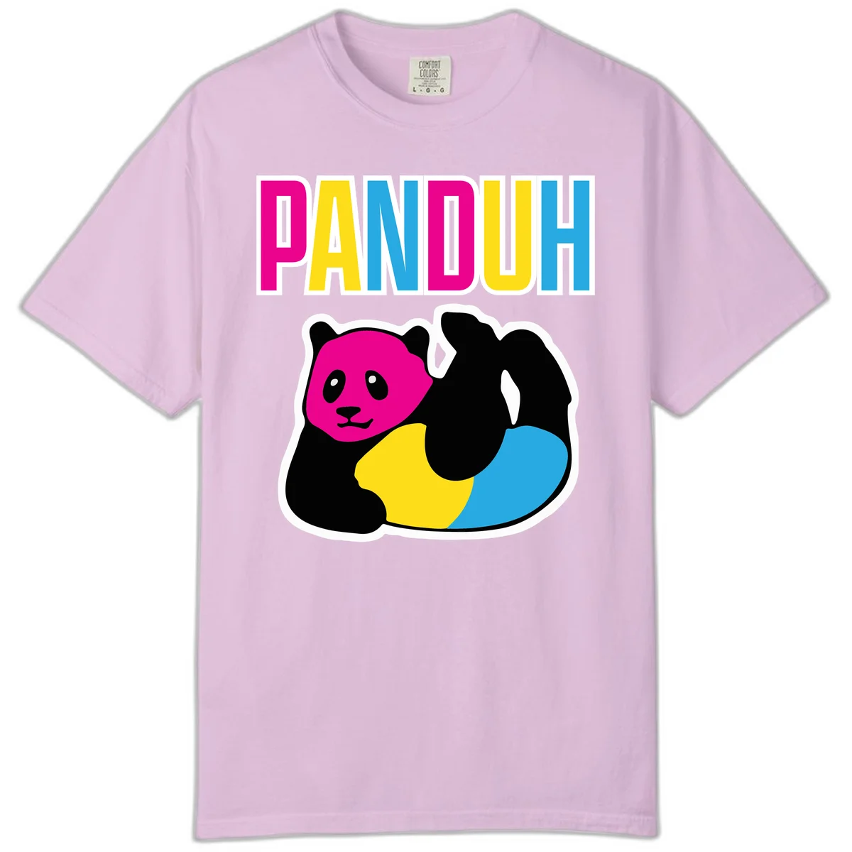 Colorful panda illustration with magenta face and black body, yellow and cyan sections, bold PANDOUH text above in CMYK colors in Orchid